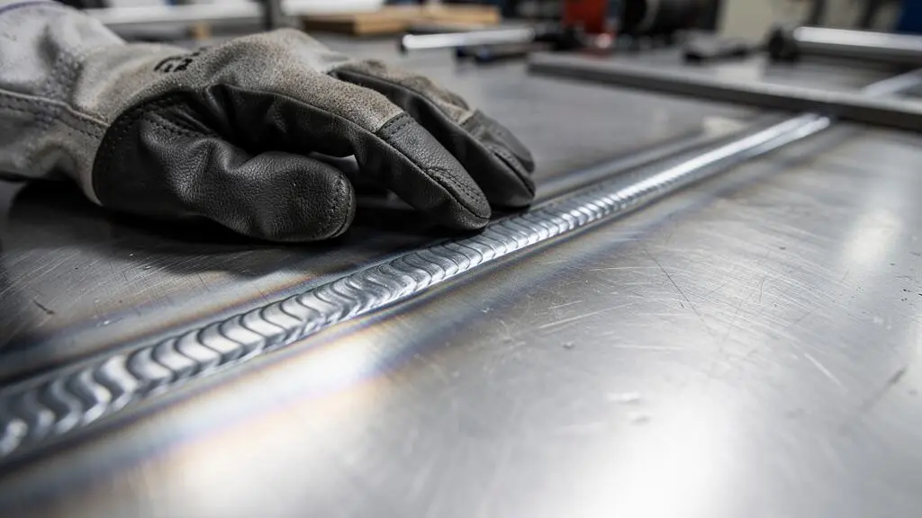 Gros plan d'un cordon de soudure TIG sur acier inoxydable inspecté par la main gantée d'un professionnel