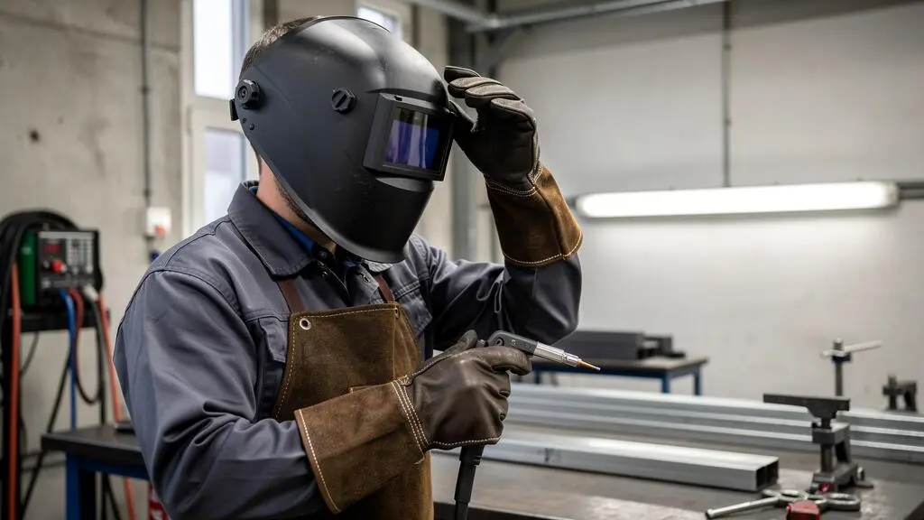 Soudeur professionnel équipé de son masque de soudage et de ses gants de protection avant une opération de soudage TIG