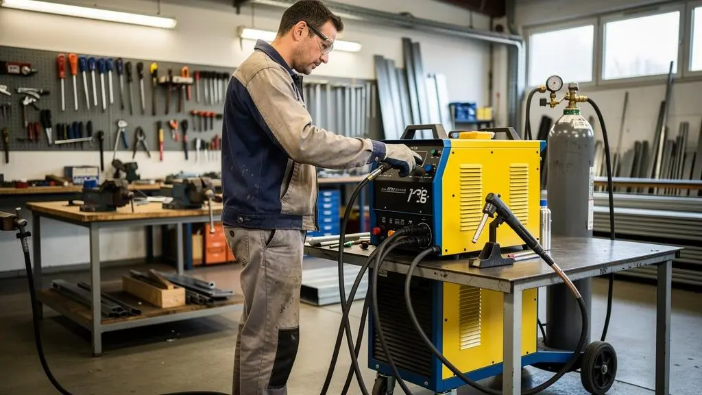 Soudeur professionnel réglant les paramètres d'un poste à souder TIG dans un atelier de métallurgie